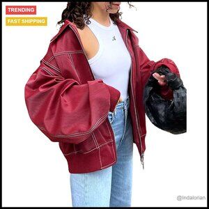 Faux Leather Motorcycle Jacket Oversized Zip Up Winter Coat Chic Biker Style